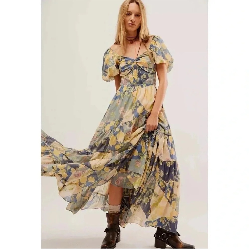 NWT Free People Sundrenched Short Sleeve Printed Maxi Dress Boho Summer Flowy